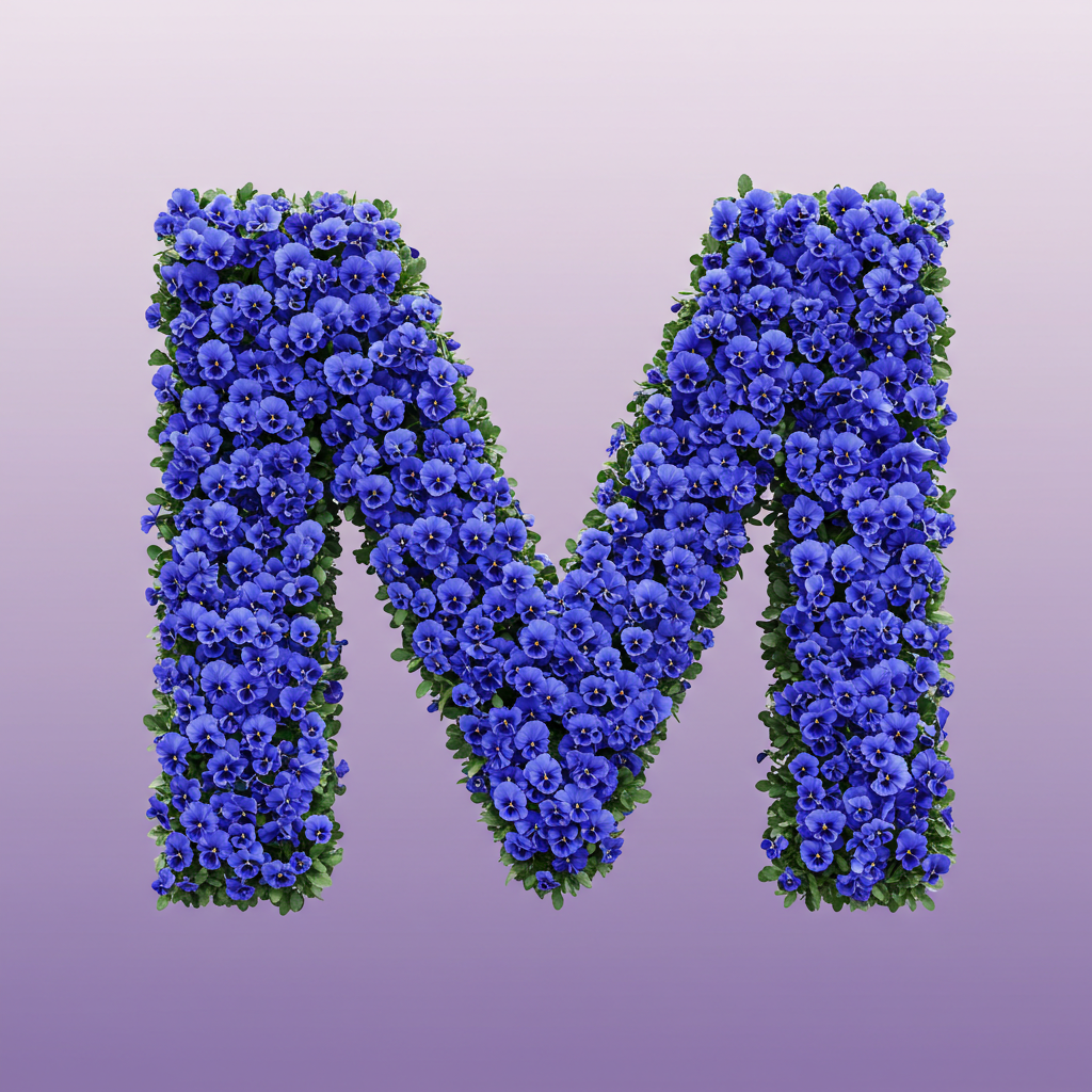 Blue pansies — letter M (variant 2)