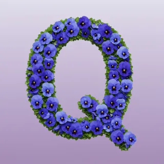 Blue pansies — letter Q (variant 2)