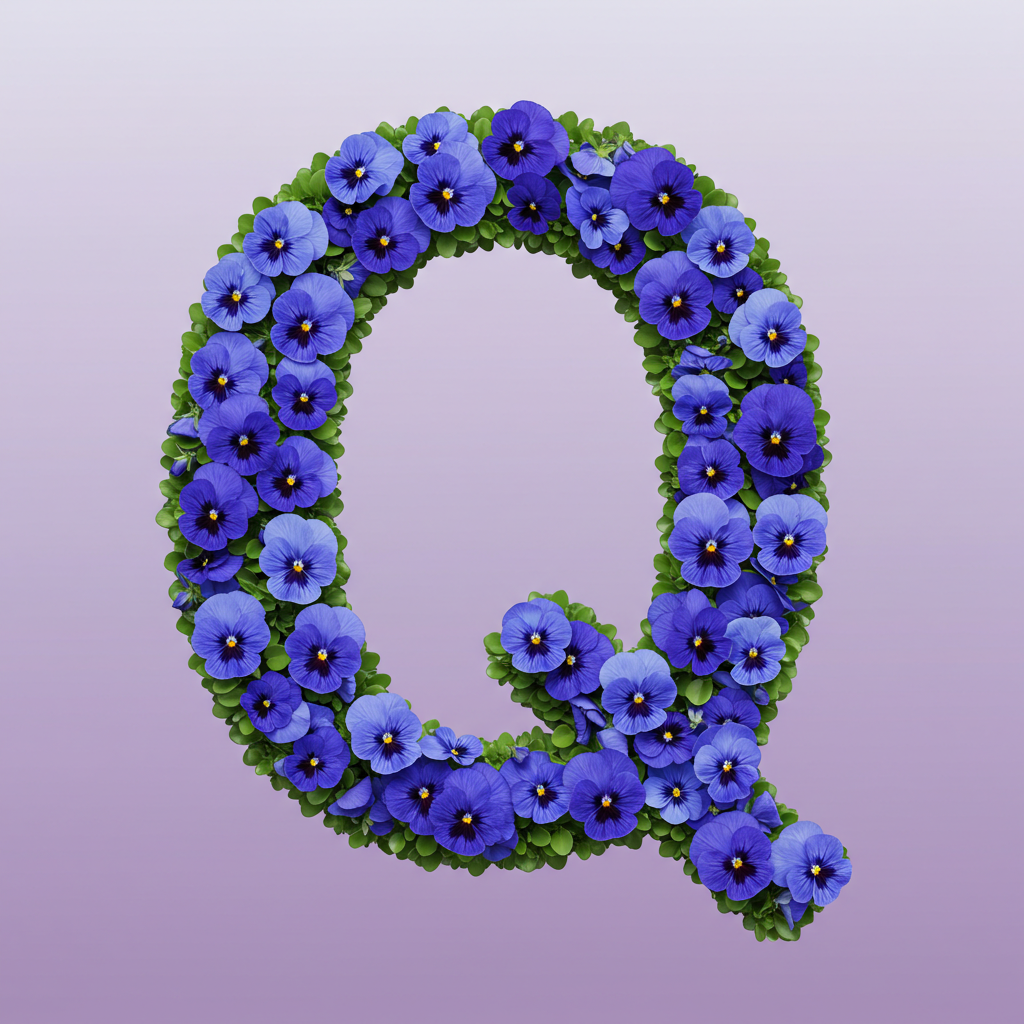 Blue pansies — letter Q (variant 2)