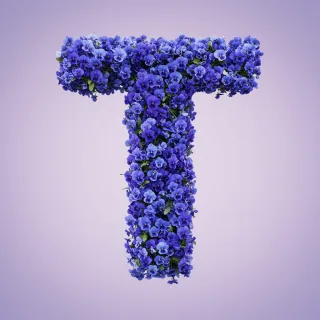 Blue pansies — letter T (variant 2)