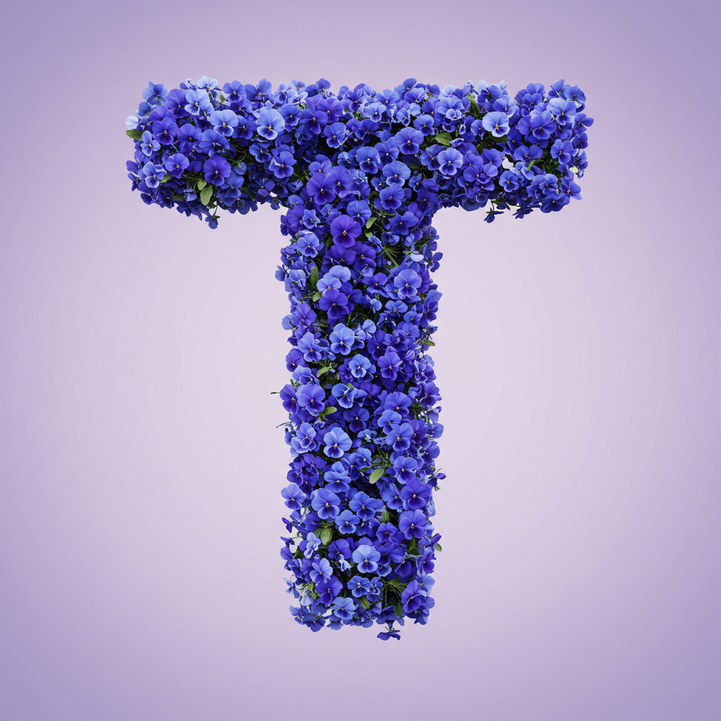 Blue pansies — letter T (variant 2)