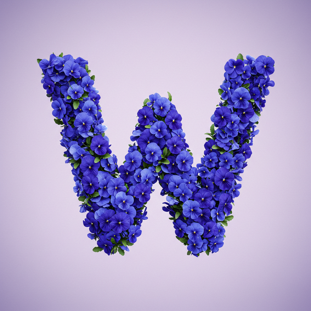 Blue pansies — letter W (variant 2)