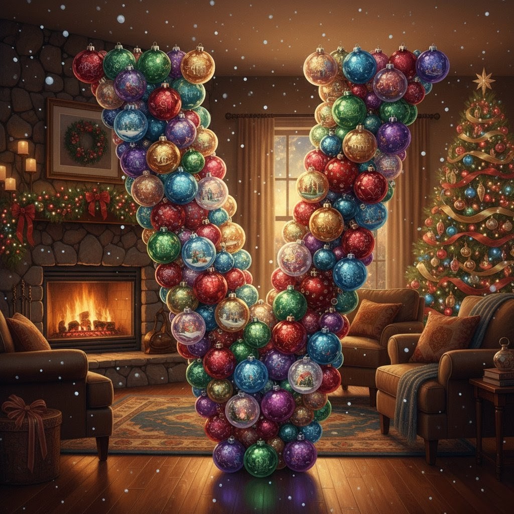 Colorful Christmas baubles — letter V