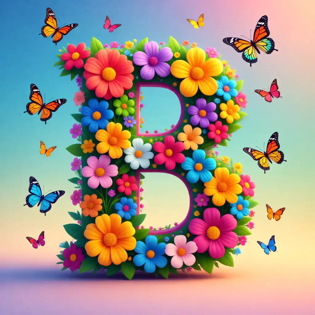 Colorful flowers and butterflies — letter B