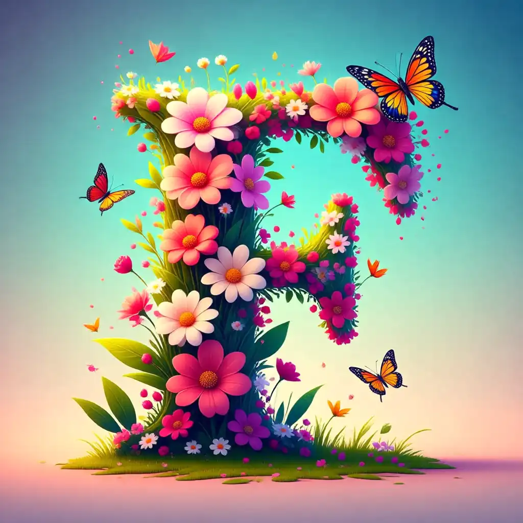 Colorful flowers and butterflies — letter F