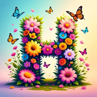 Colorful flowers and butterflies — letter H