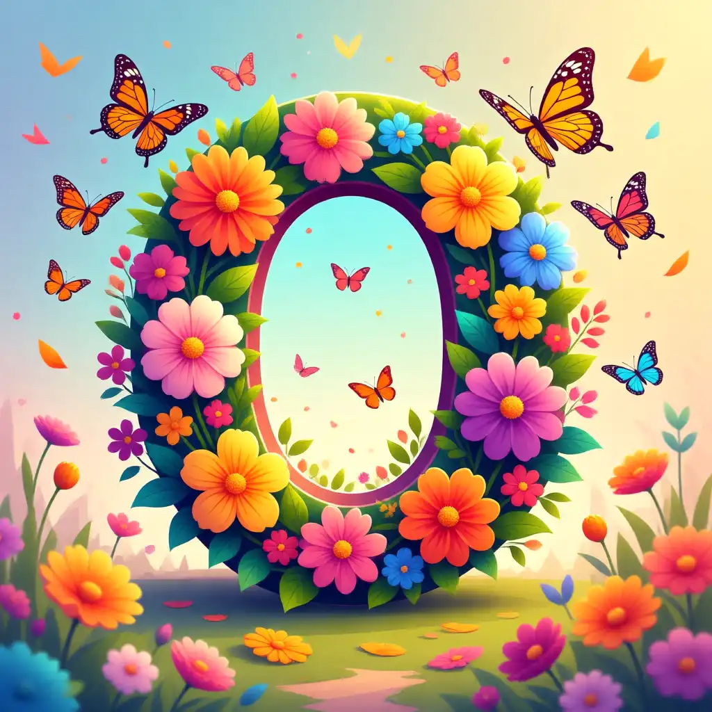 Colorful flowers and butterflies — letter O