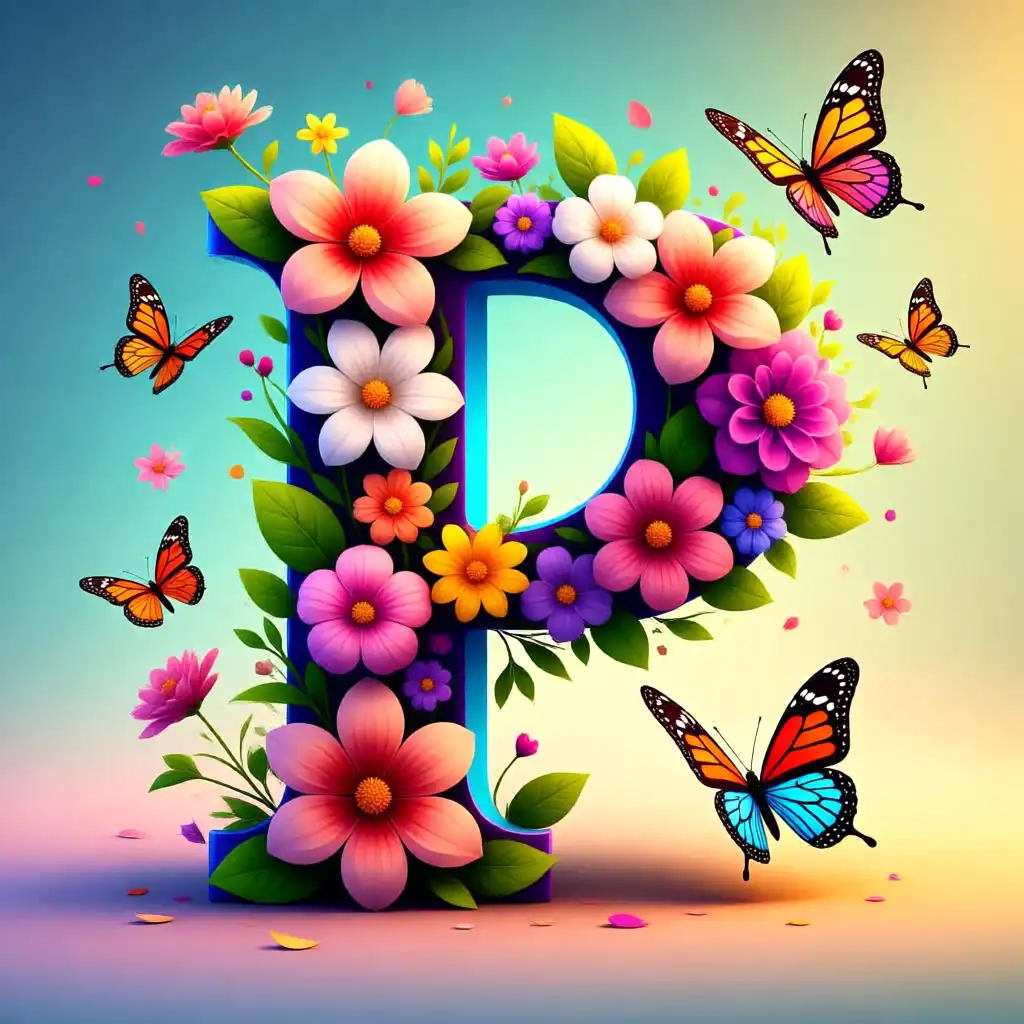 Colorful flowers and butterflies — letter P