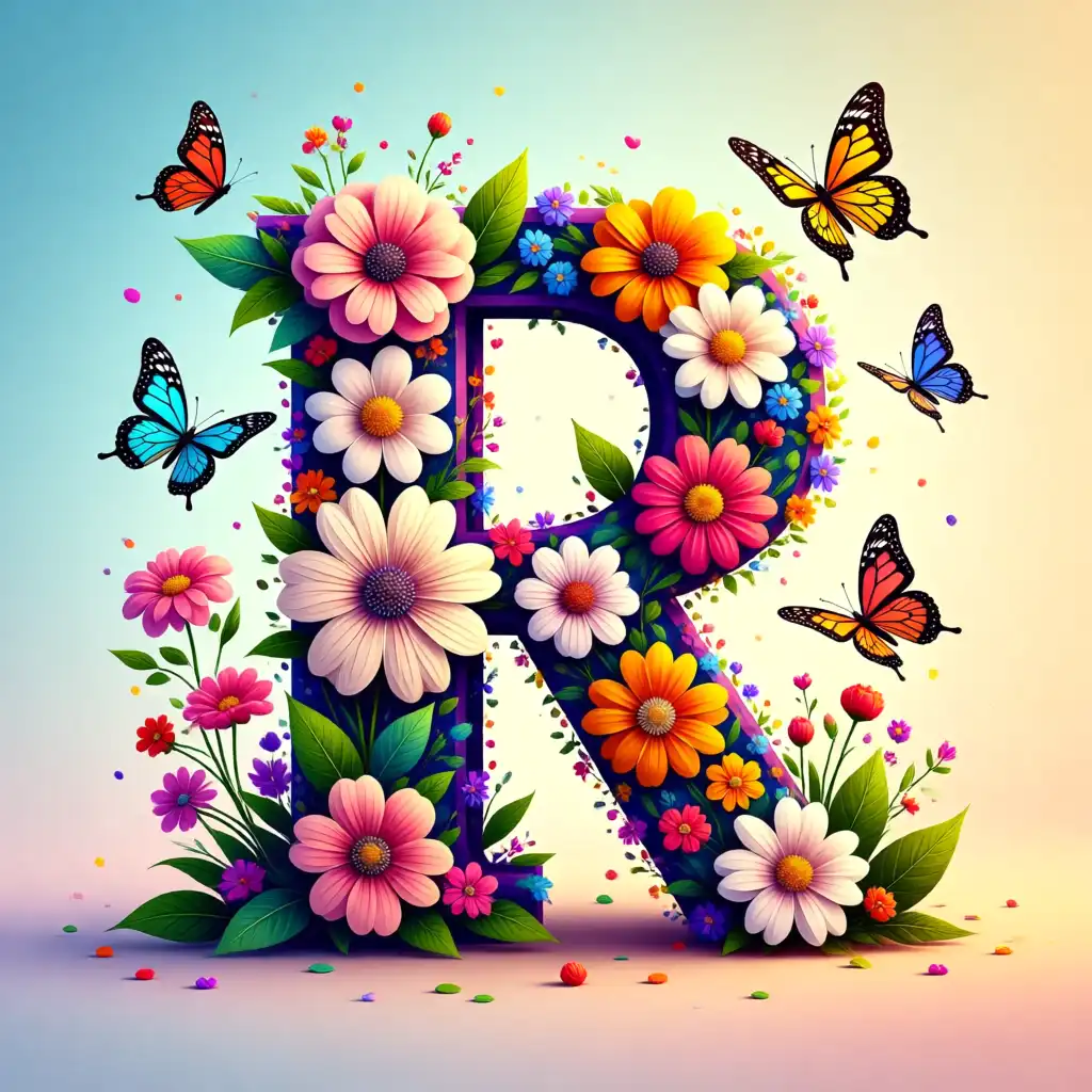 Colorful flowers and butterflies — letter R