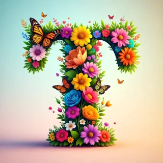 Colorful flowers and butterflies — letter T