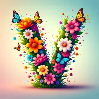 Colorful flowers and butterflies — letter V
