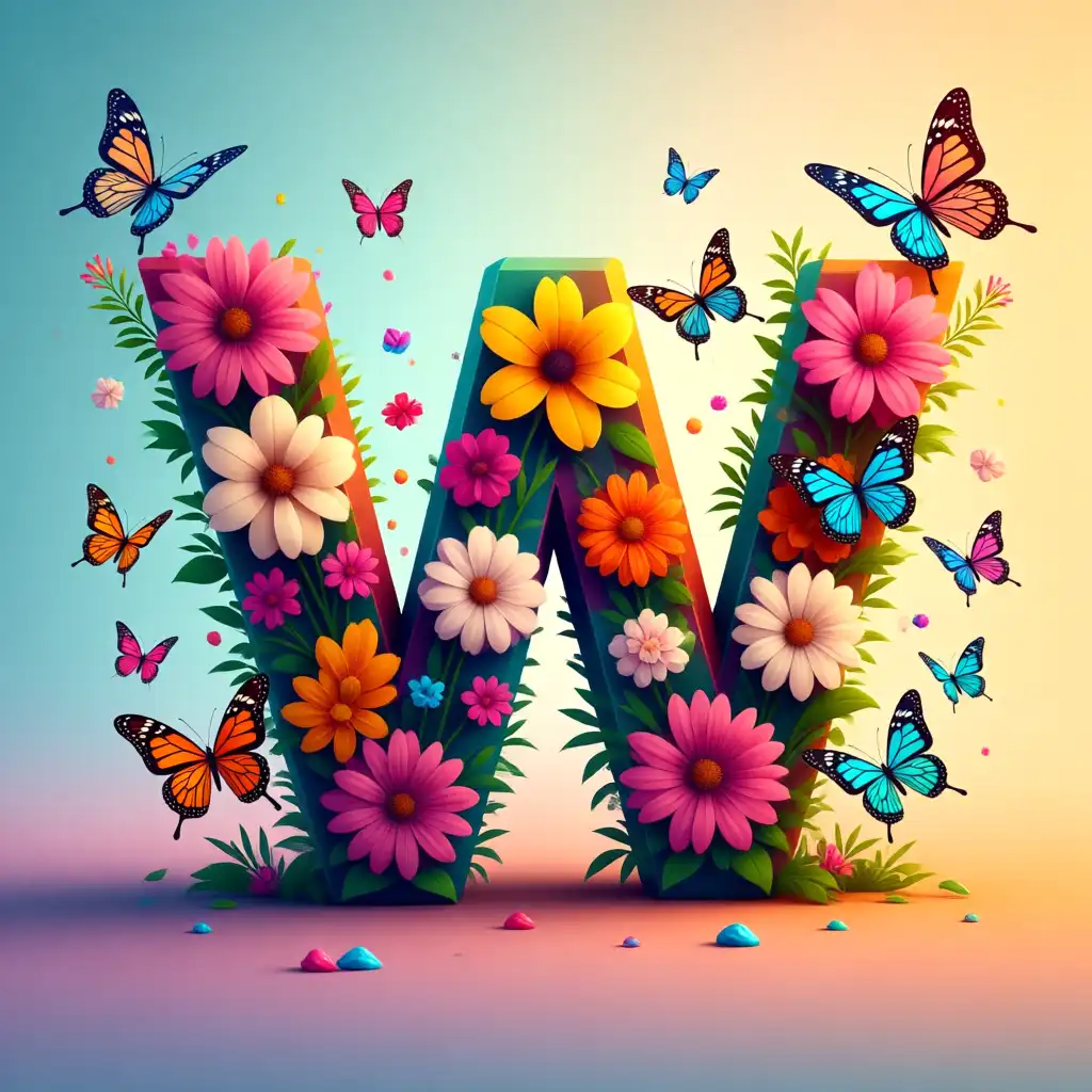 Colorful flowers and butterflies — letter W