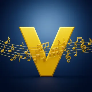 Gold music notes — letter V