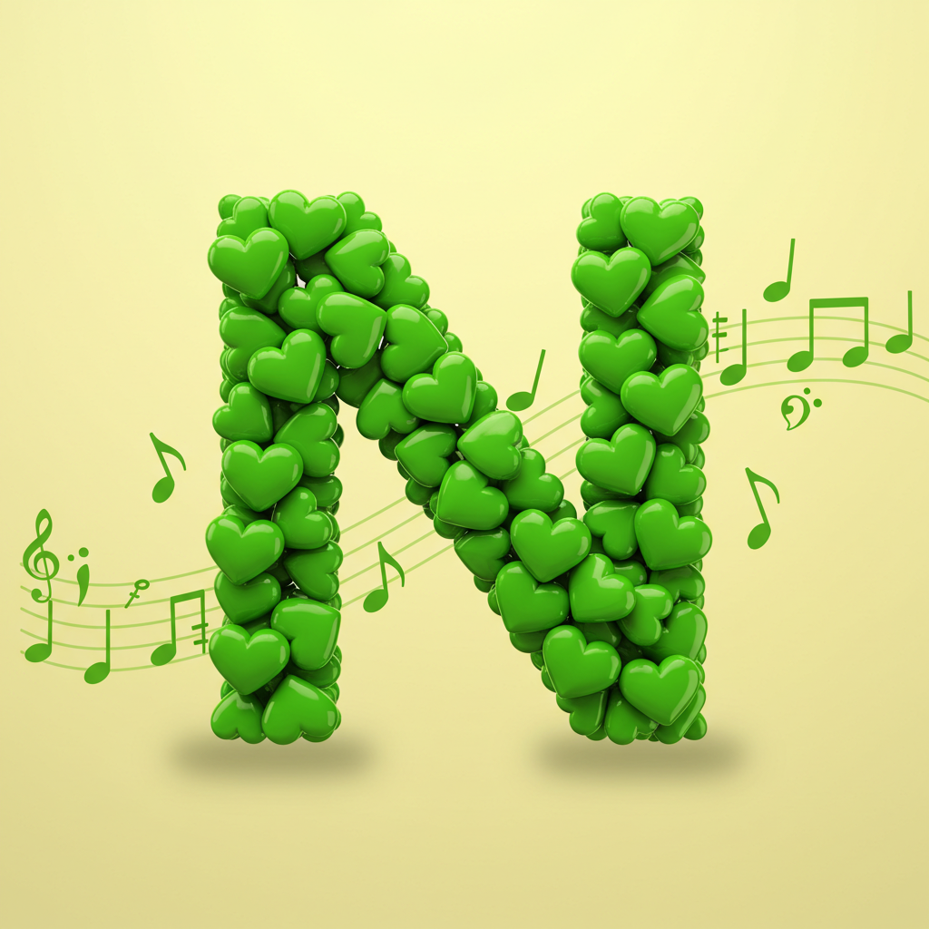 Green hearts — letter N (variant 2)