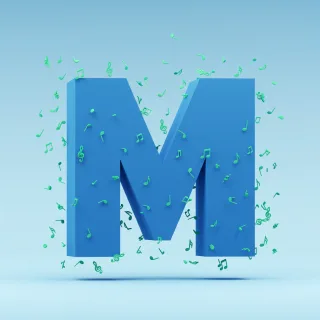 Green music notes — letter M (variant 2)