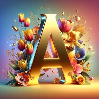 Shiny 3D Gold with Flowers — letter A