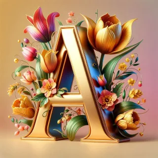Shiny 3D Gold with Flowers — letter A (variant 2)