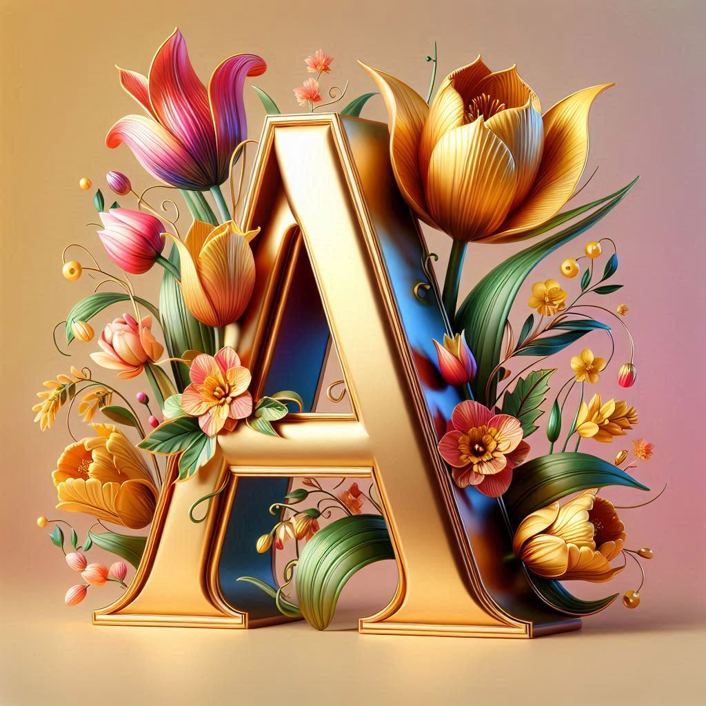 Shiny 3D Gold with Flowers — letter A (variant 2)