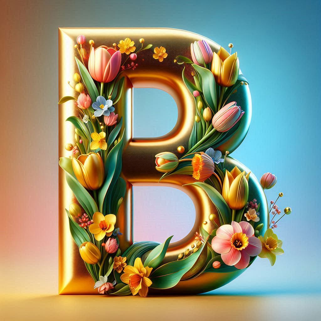 Shiny 3D Gold with Flowers — letter B