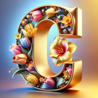 Shiny 3D Gold with Flowers — letter C