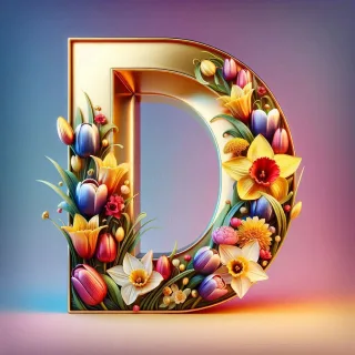 Shiny 3D Gold with Flowers — letter D (variant 2)