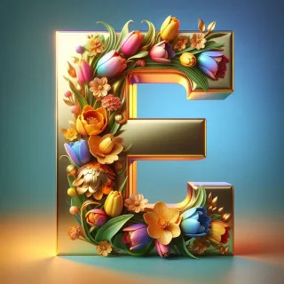Shiny 3D Gold with Flowers — letter E