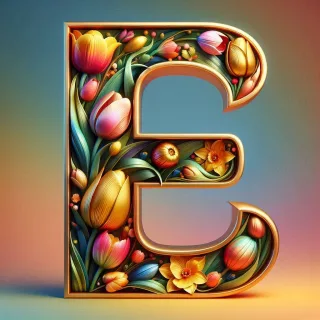 Shiny 3D Gold with Flowers — letter E (variant 2)