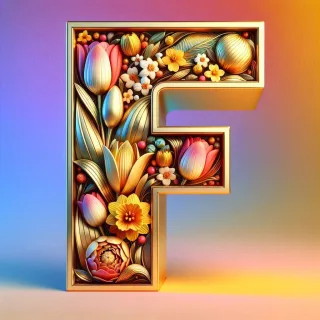 Shiny 3D Gold with Flowers — letter F