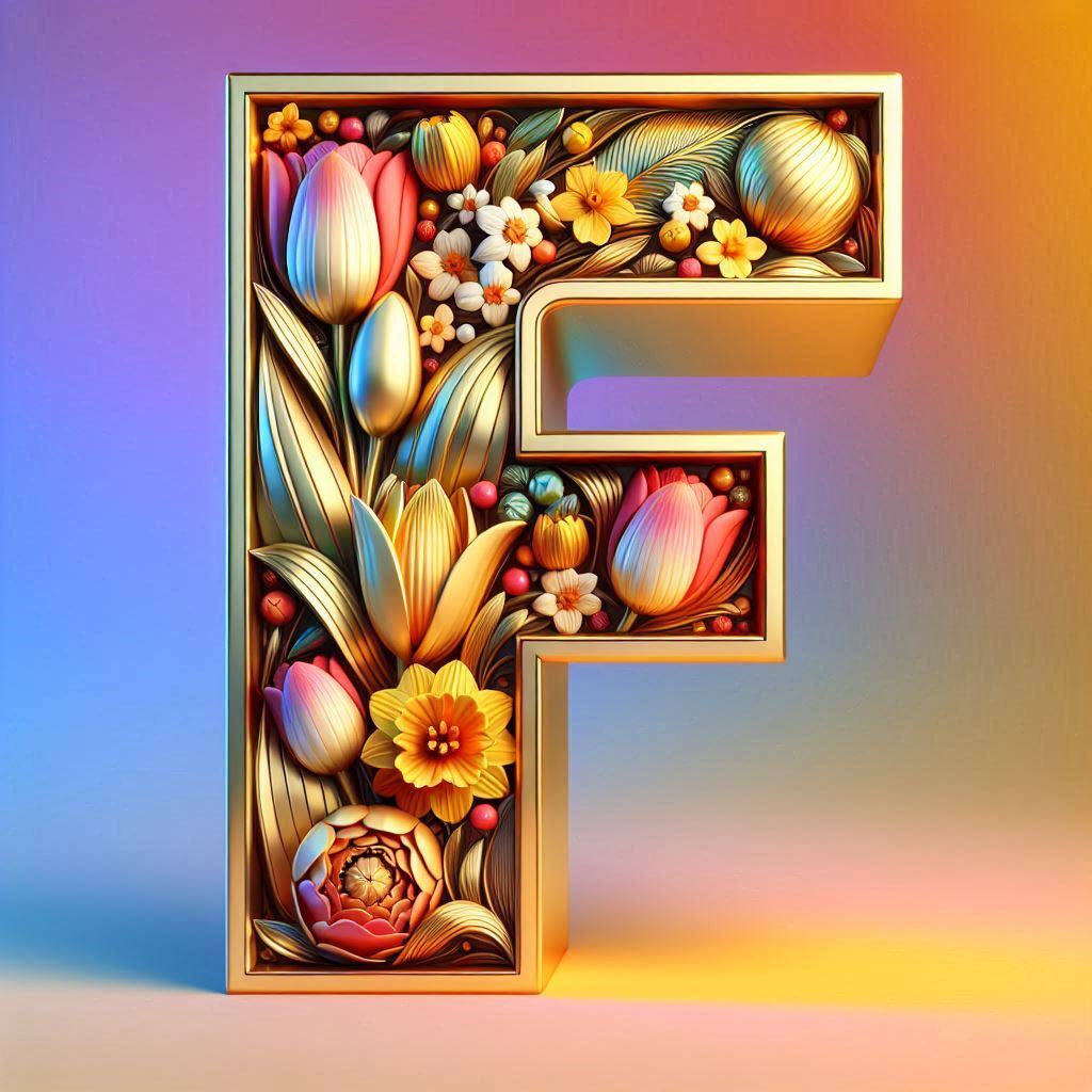Shiny 3D Gold with Flowers — letter F