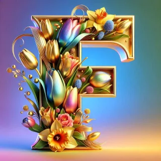 Shiny 3D Gold with Flowers — letter F (variant 2)