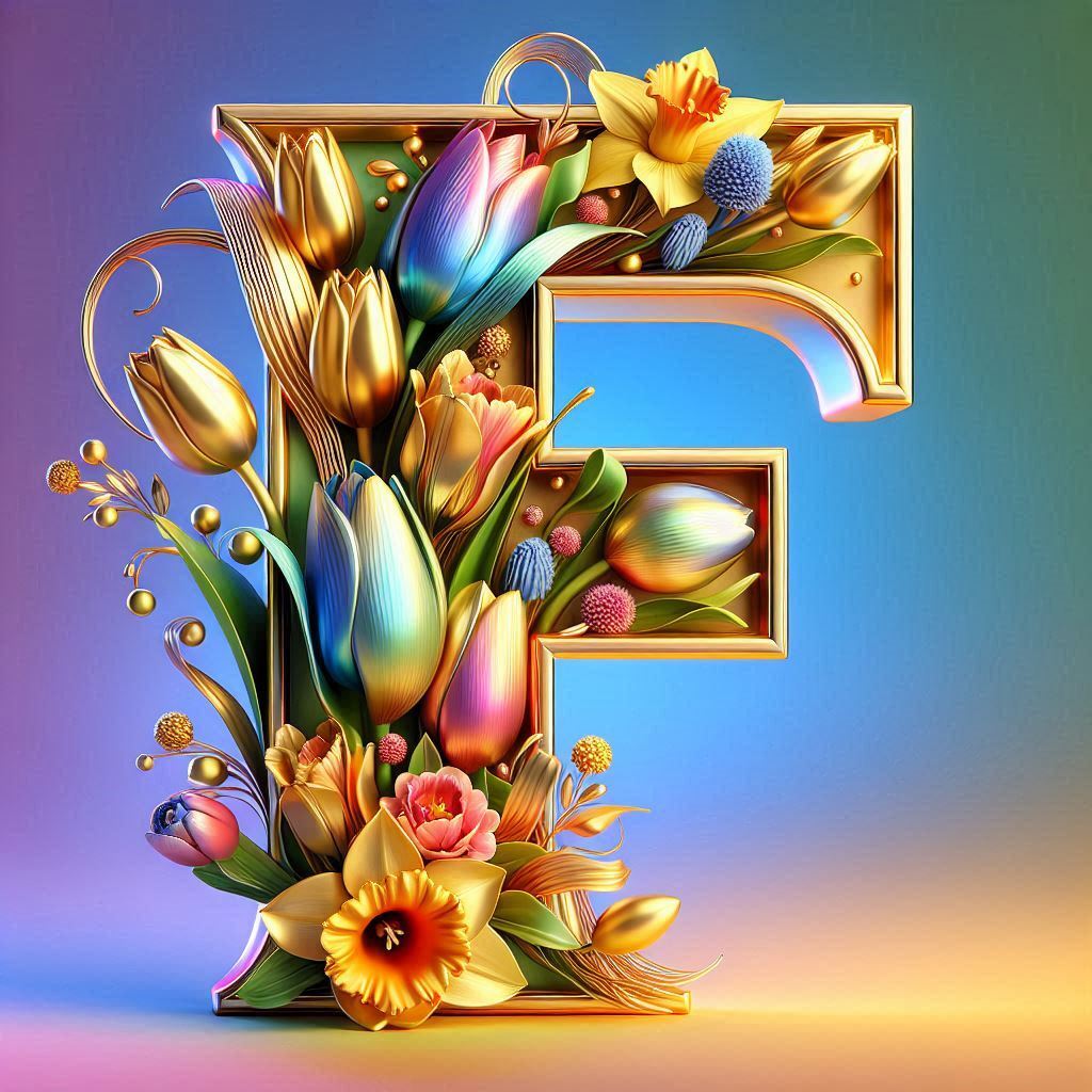 Shiny 3D Gold with Flowers — letter F (variant 2)