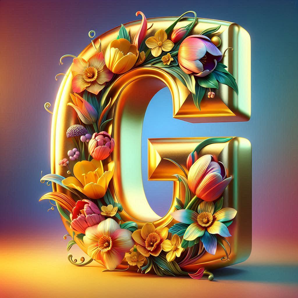 Shiny 3D Gold with Flowers — letter G