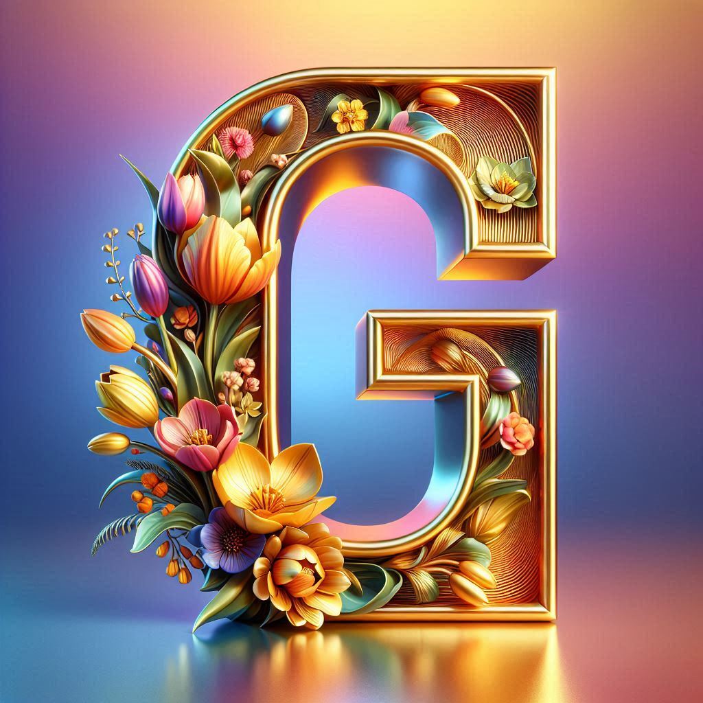 Shiny 3D Gold with Flowers — letter G (variant 2)