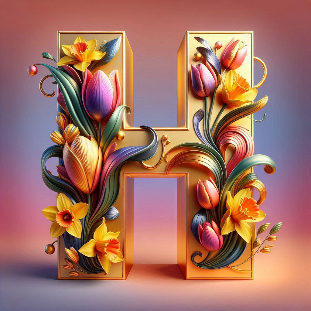 Shiny 3D Gold with Flowers — letter H