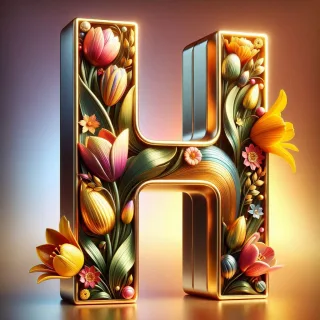 Shiny 3D Gold with Flowers — letter H (variant 2)