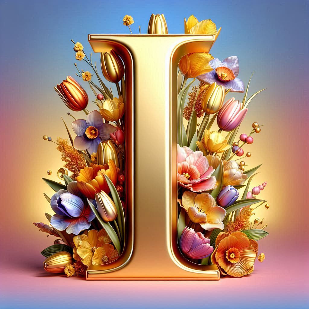 Shiny 3D Gold with Flowers — letter I (variant 2)