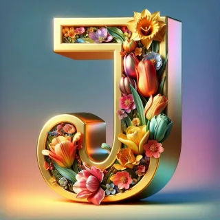 Shiny 3D Gold with Flowers — letter J