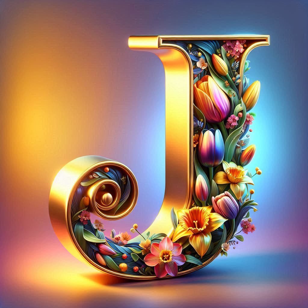 Shiny 3D Gold with Flowers — letter J (variant 2)