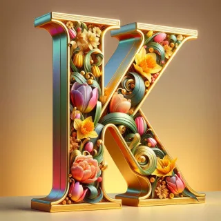 Shiny 3D Gold with Flowers — letter K