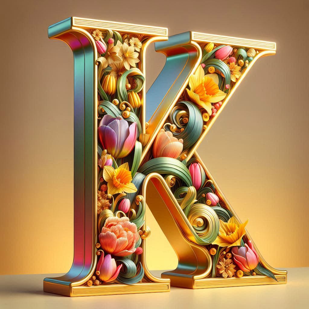 Shiny 3D Gold with Flowers — letter K