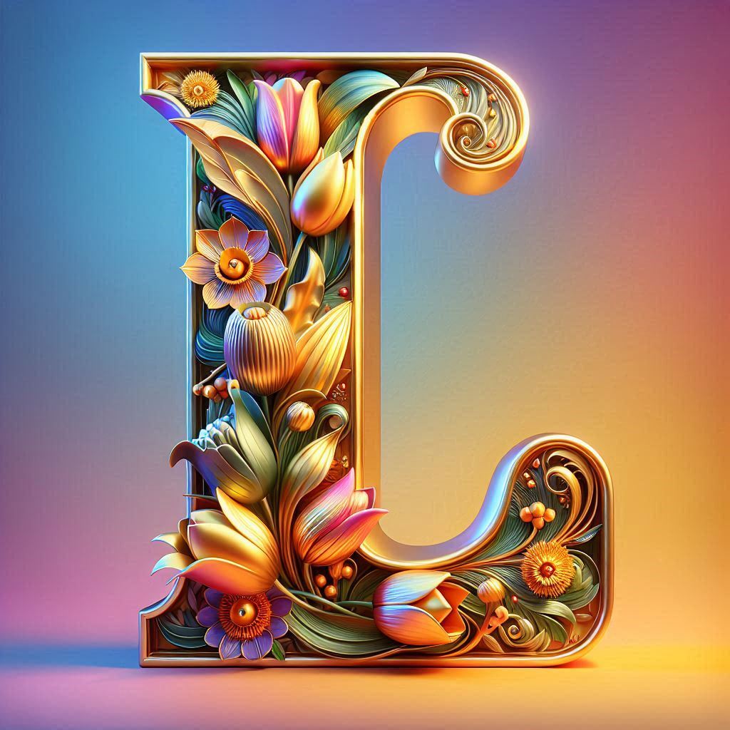 Shiny 3D Gold with Flowers — letter L (variant 2)
