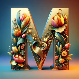 Shiny 3D Gold with Flowers — letter M