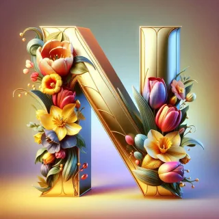 Shiny 3D Gold with Flowers — letter N