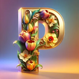 Shiny 3D Gold with Flowers — letter P