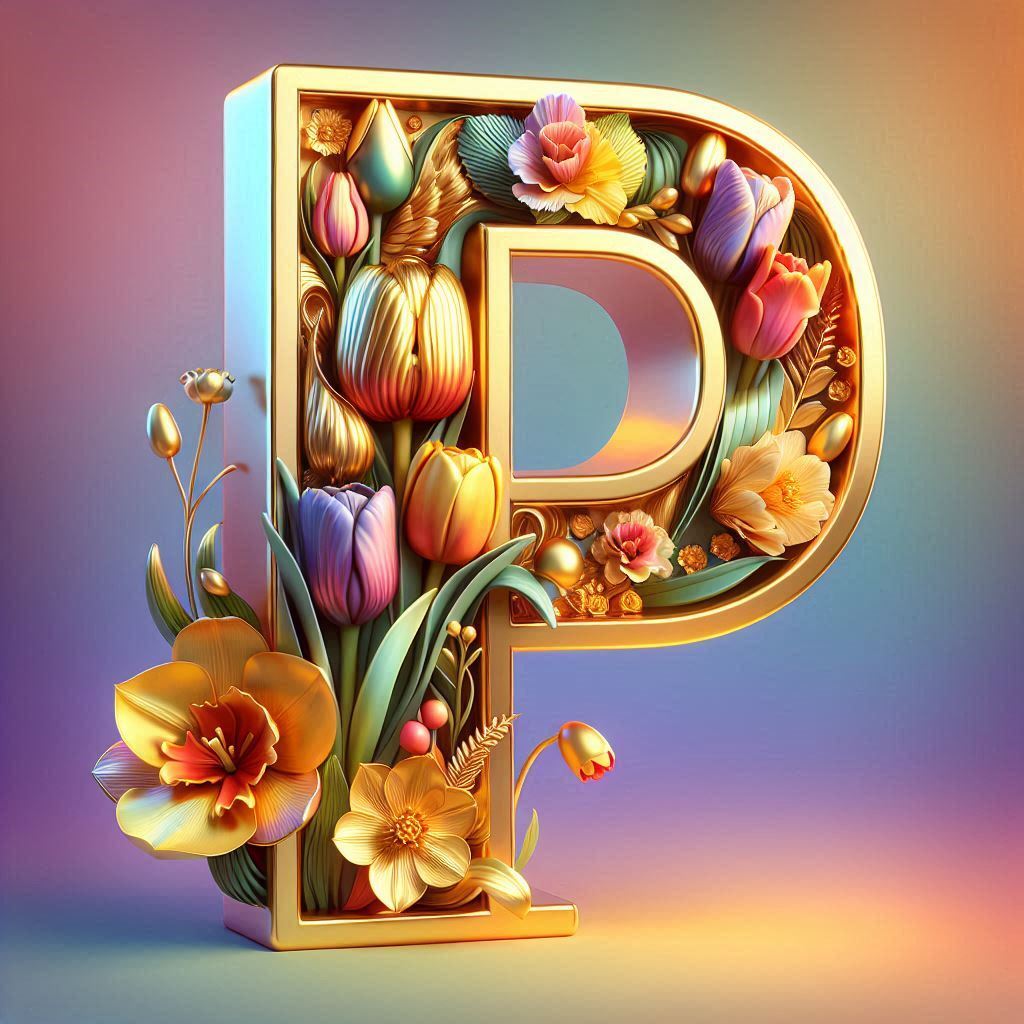 Shiny 3D Gold with Flowers — letter P (variant 2)