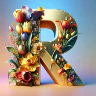 Shiny 3D Gold with Flowers — letter R