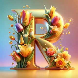 Shiny 3D Gold with Flowers — letter R (variant 2)