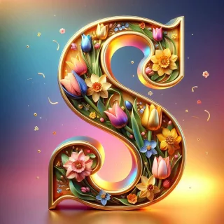 Shiny 3D Gold with Flowers — letter S