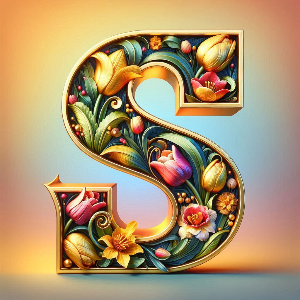 Shiny 3D Gold with Flowers — letter S (variant 2)