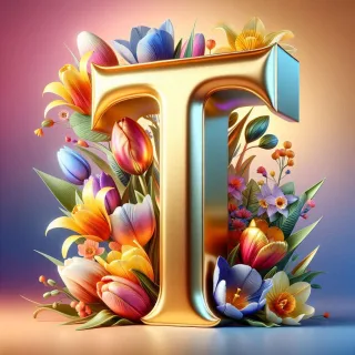 Shiny 3D Gold with Flowers — letter T